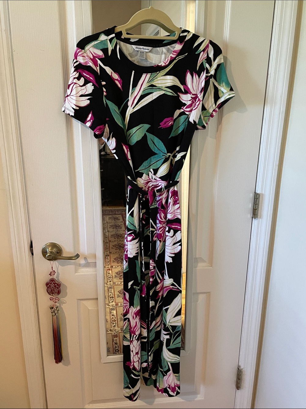 Tommy Bahama Black Floral Tie-Waist Maxi Dress with Pink Accents